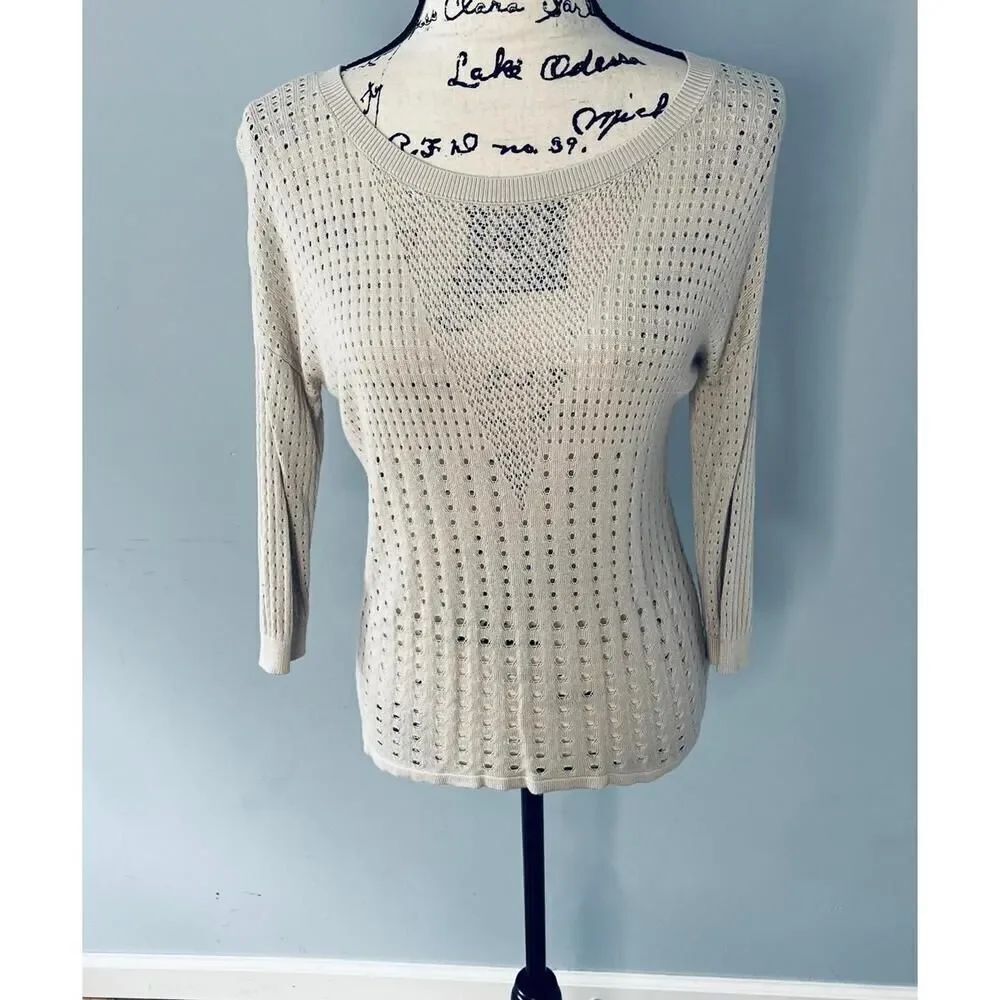 Express Women’s S cutout 3/4 Sleeve Pullover Knit Sweater Light Beige